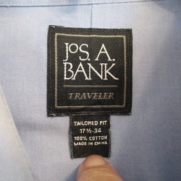 Jos A Bank Traveler Dress Shirt 17.5 - 34 Blue Tailored Fit Office Professional - Picture 7 of 7